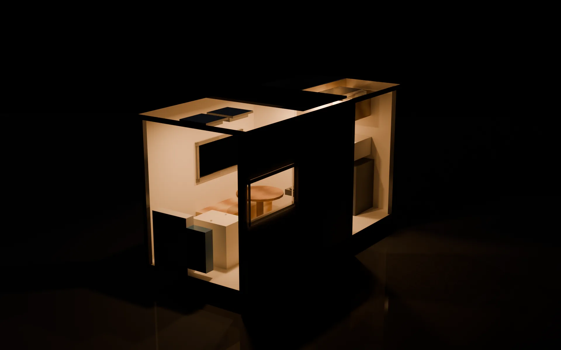 Le même rendu extérieur de nuit, intérieur éclairé