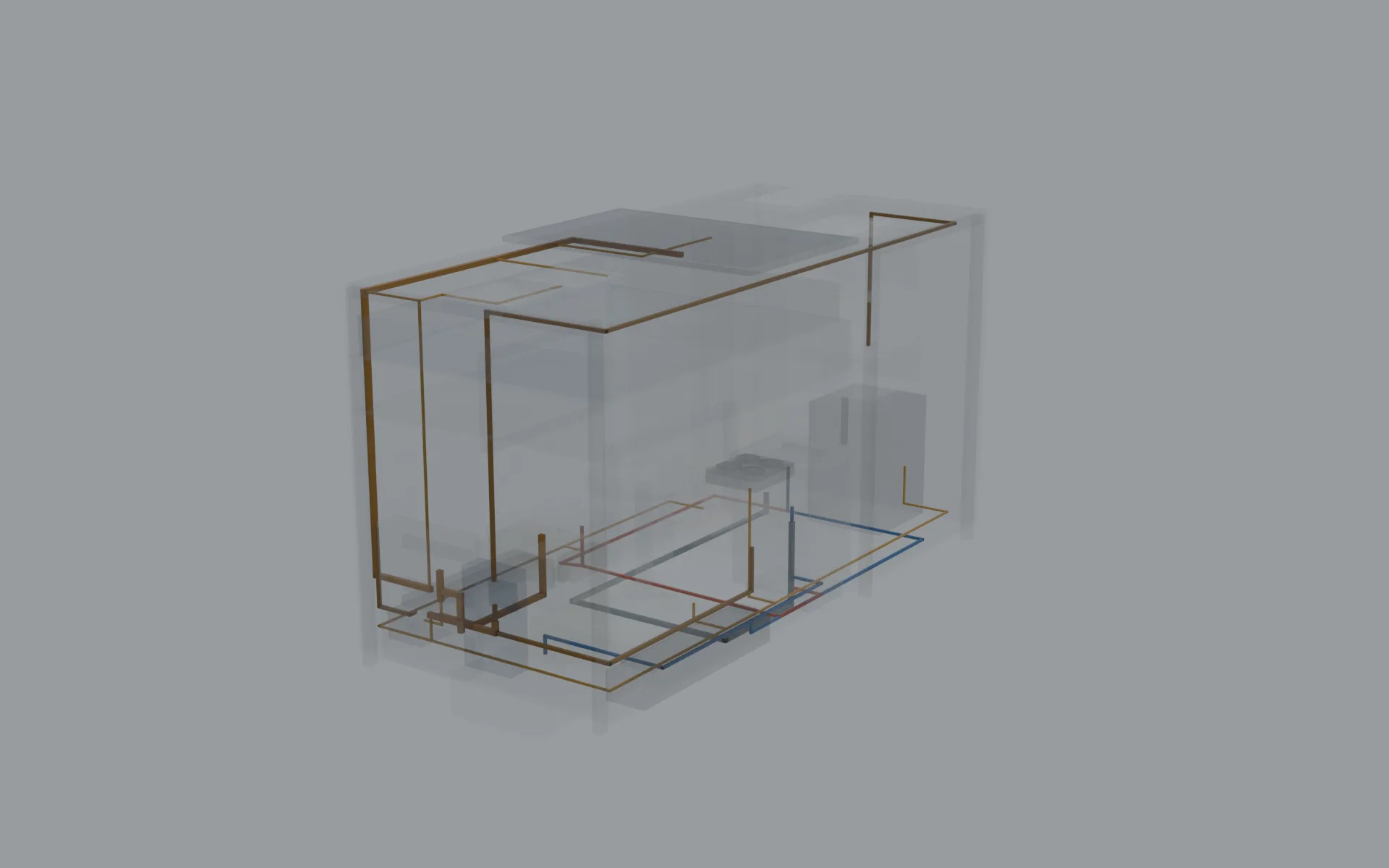 Écorché du modèle : coque et mobilier en transparence, réseaux électriques et d'eau visibles en couleur